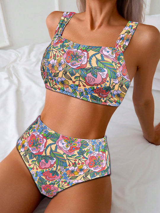 Damen Hochgeschnittener Tankini mit floralen Mustern EB