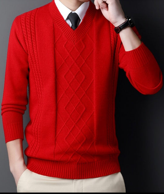 Herren V-Ausschnitt Pullover im modernen Zopfmuster EB