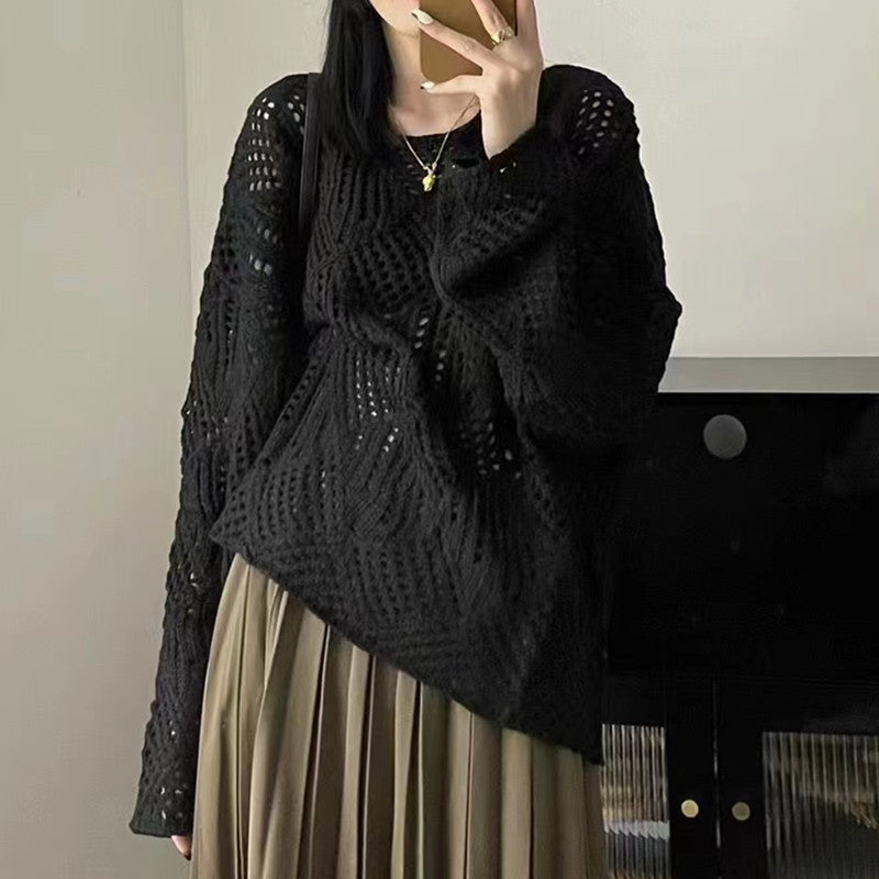 Damen Grobstrick Pullover mit innovativem Lochmuster und lässigem Schnitt EB
