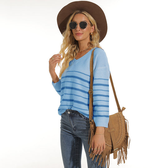 Damen lässiger Pullover mit modernem Streifenmuster und V-Ausschnitt EB