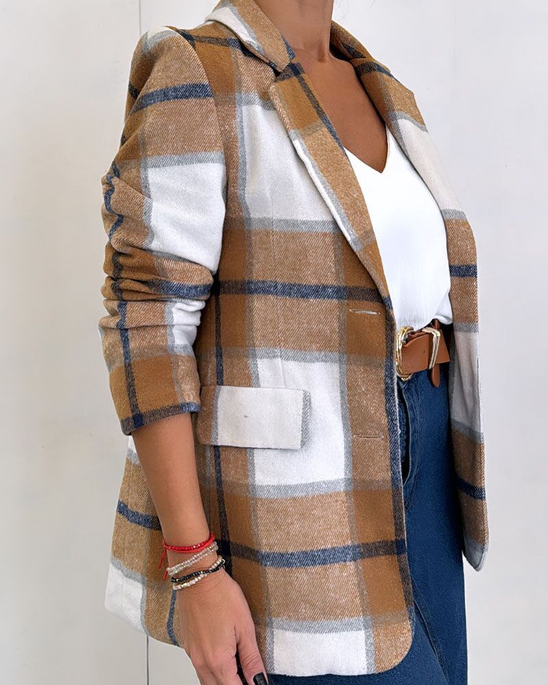 Damen Kariertes Blazerjacke aus weichem Material mit eleganten Details EB