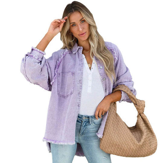 Damen Lässige Denim-Übergangsjacke im Vintage-Stil mit fransigen Details EB