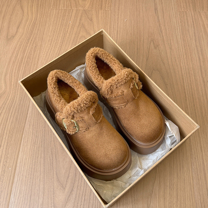 Damen Plüschige Slipper mit robustem Plateau und eleganter Schnalle EB