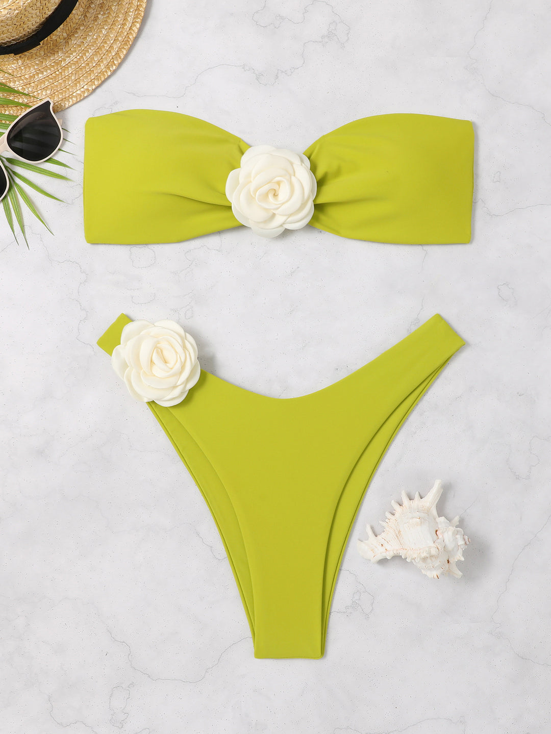 Damen Bandeau Bikini mit eleganter Blütenverzierung EB
