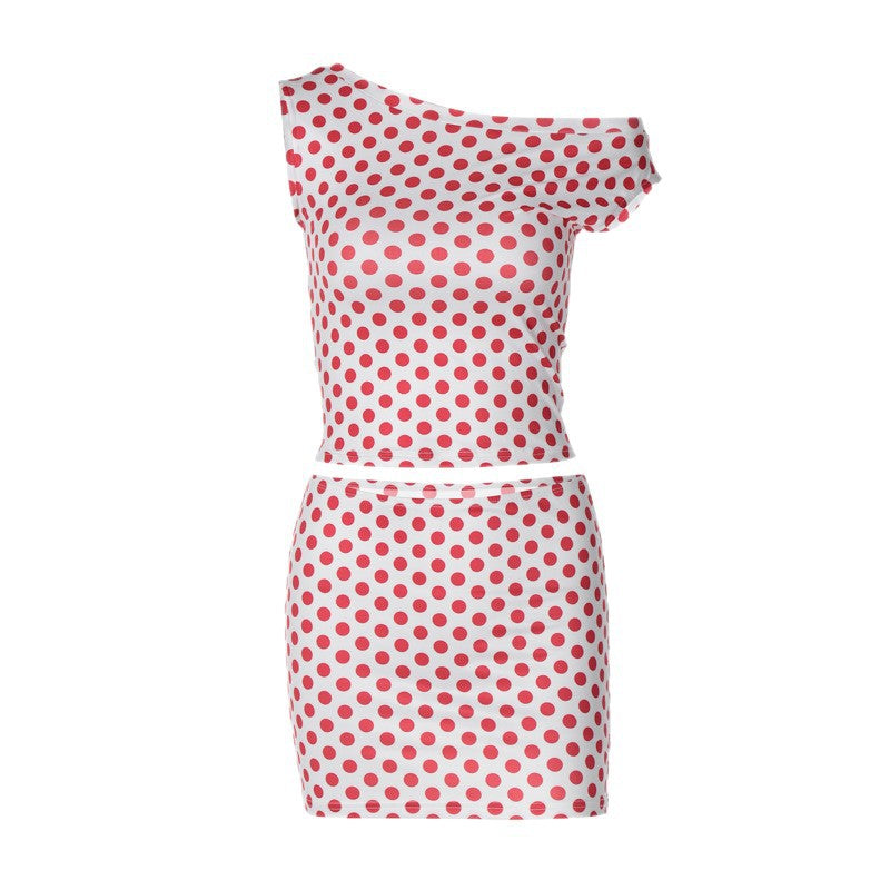 Damen figurbetontes Minikleid mit asymmetrischem Ausschnitt und gepunktetem Design EB