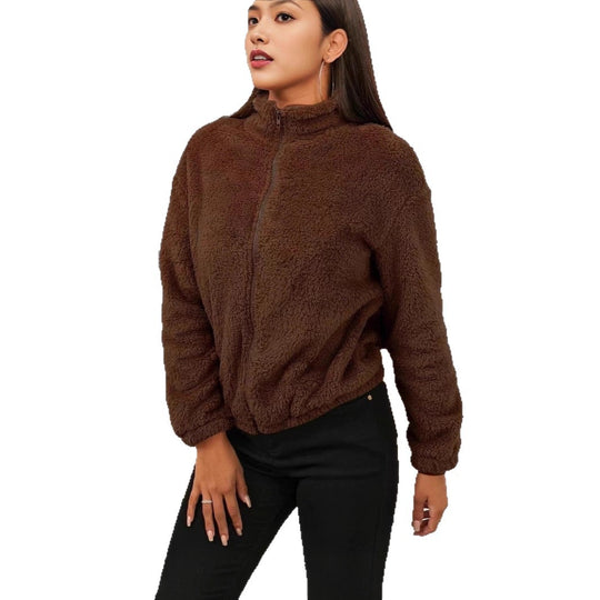 Damen Flauschige Fleecejacke mit hohem Kragen und seitlichen Taschen EB