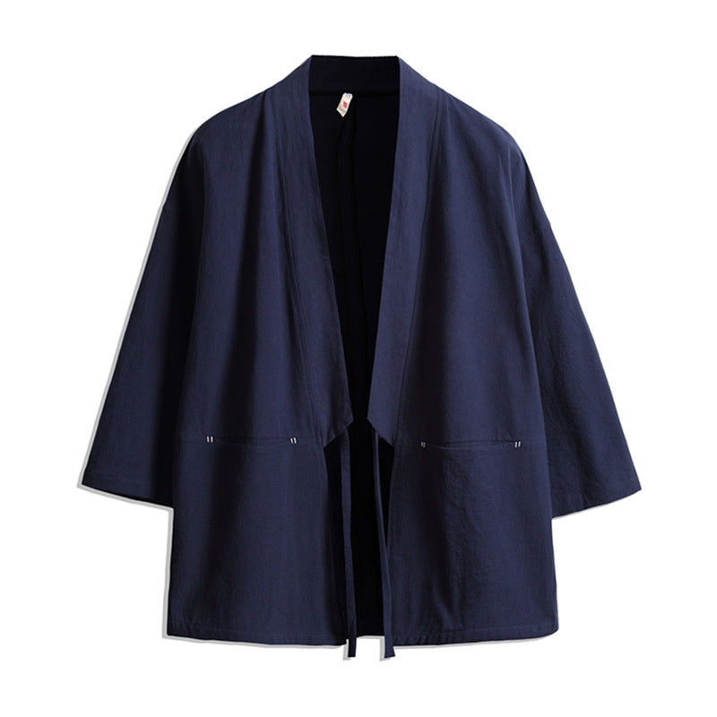 Unisex nan lässige Kimono-Jacke aus leichtem Baumwollmix mit weiter Passform und Bindegürtel EB