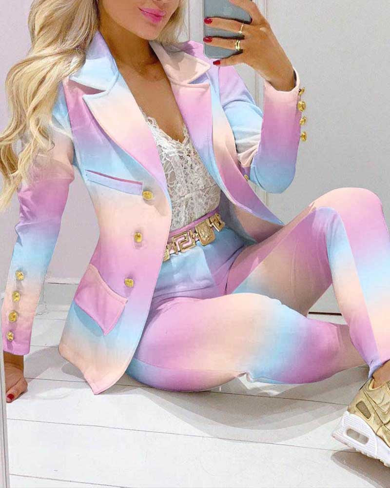 Damen Zweiteiliges Blazer-und-Hose-Set mit Schmetterlingsprint und glamourösem Glitzereffekt EB