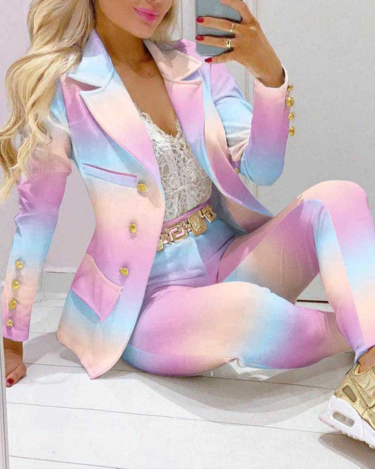 Damen Zweiteiliges Blazer-und-Hose-Set mit Schmetterlingsprint und glamourösem Glitzereffekt EB