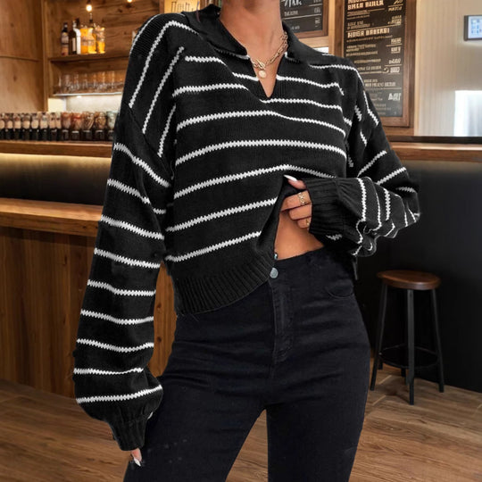 Damen moderner cropped Pullover mit Streifen und tiefem V-Ausschnitt EB