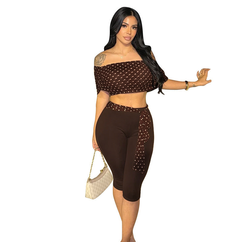Damen Crop-Top und Leggings Set mit Polka-Dots und Raffungen EB