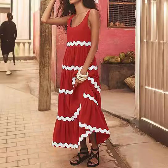 Damen Maxikleid mit wellenförmigen Rüschen und lässigem Schnitt EB