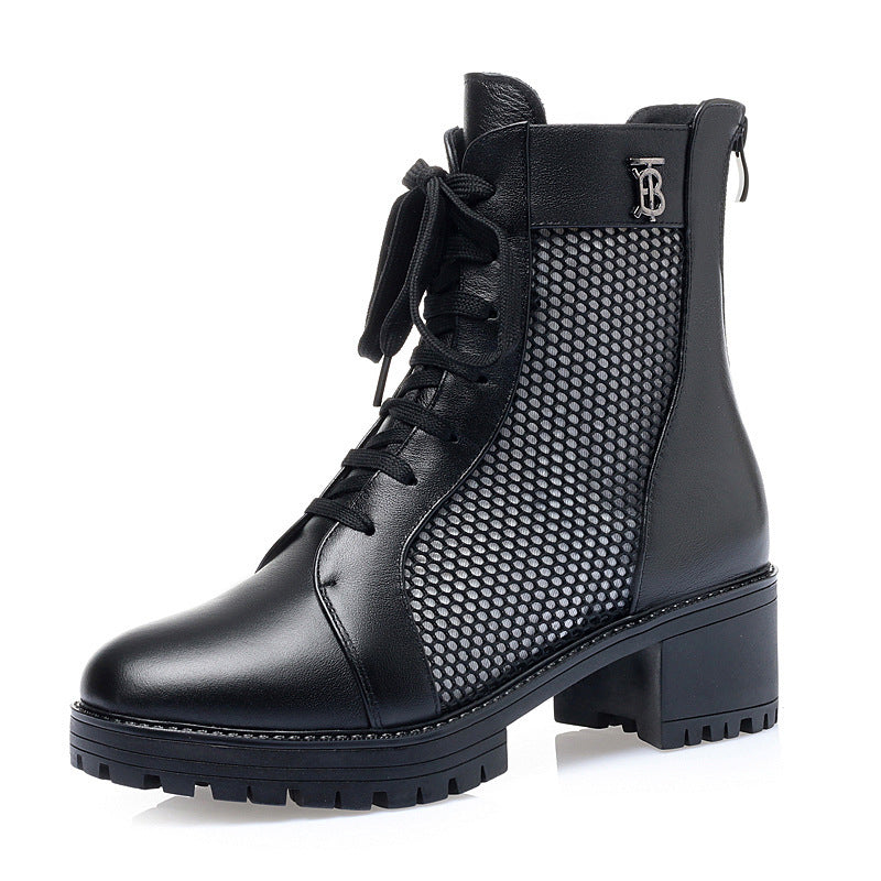 Damen Trendige Schnür-Stiefeletten mit Mesh-Einsatz und robustem Blockabsatz EB