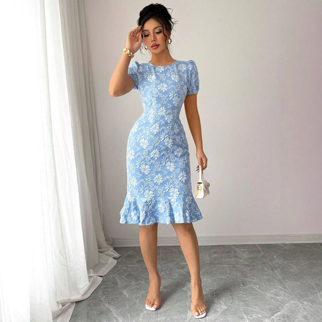 Damen Blumenspitze Midi-Kleid mit Rüschensaum EB