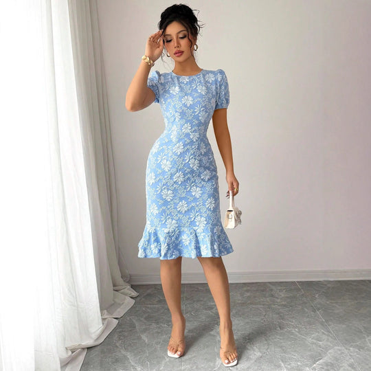 Damen Blumenspitze Midi-Kleid mit Rüschensaum EB
