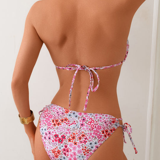 Damen Triangel-Bikini mit buntem Muster und verspielten Bindebändern EB