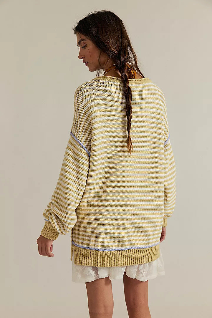 Damen Oversize Ringelstrickpullover mit weitem Schnitt, Bündchen & kontrastierenden Paspeln EB