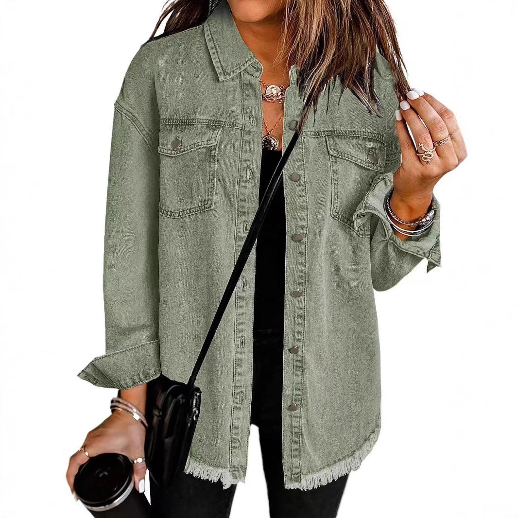 Damen Oversized Jeanshemd mit Fransen EB