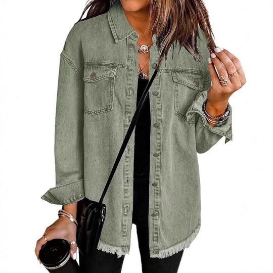 Damen Oversized Jeanshemd mit Fransen EB