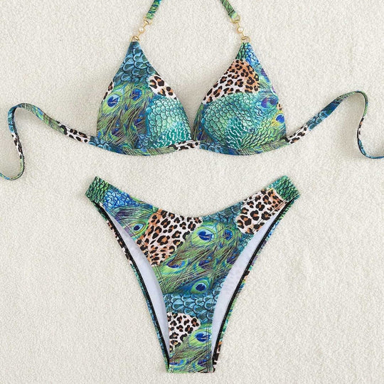 Damen Triangel-Bikini mit lebendigem Tier- und Pfauenmotiv EB