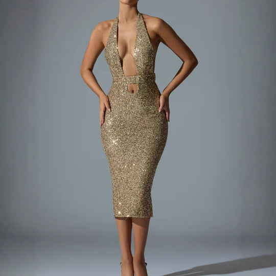 Damen Glamouröses Pailletten-Midi-Kleid mit tiefem V-Ausschnitt und figurbetonter Silhouette EB