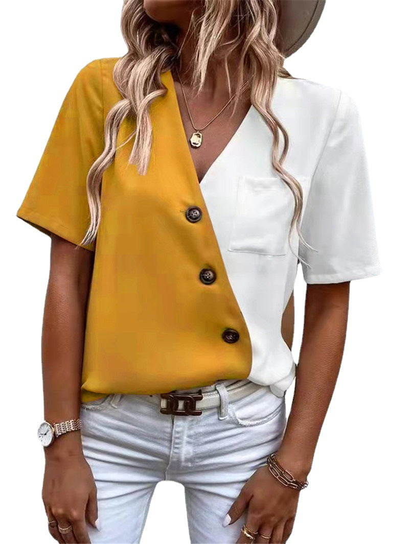 Damen Modisches Hemdblusenshirt mit asymmetrischen Farben und Knopfdetails EB