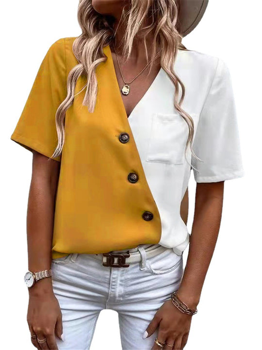 Damen Modisches Hemdblusenshirt mit asymmetrischen Farben und Knopfdetails EB