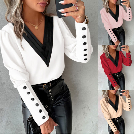 Damen Bluse mit V-Ausschnitt und eleganten Puffärmeln EB