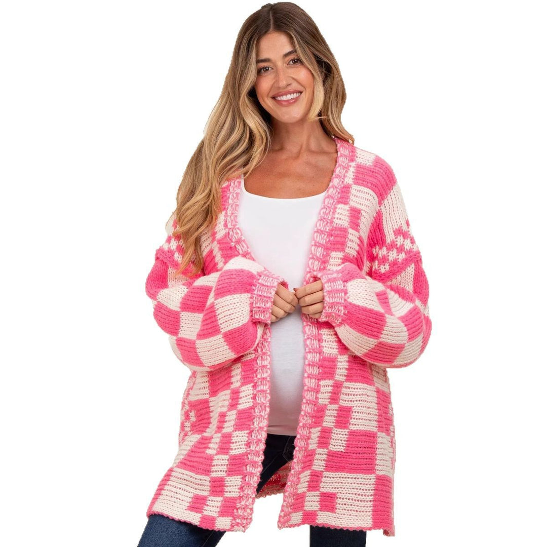 Damen lässiger Strickcardigan mit Karomuster und oversized Schnitt EB