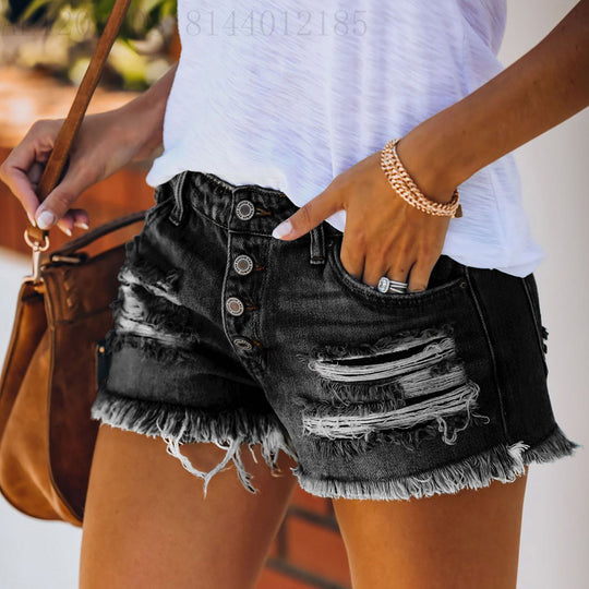 Damen lässige Destroyed Denim-Shorts mit Knopfdetails und fransigem Saum EB