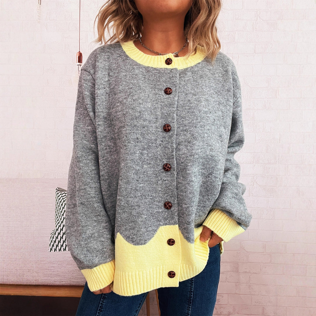 Damen lässige Strickjacke mit buntem Kontrast und eleganten Knopfdetails EB