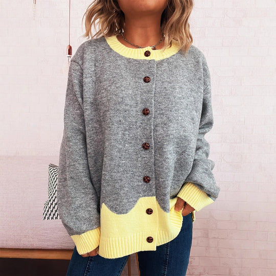 Damen lässige Strickjacke mit buntem Kontrast und eleganten Knopfdetails EB