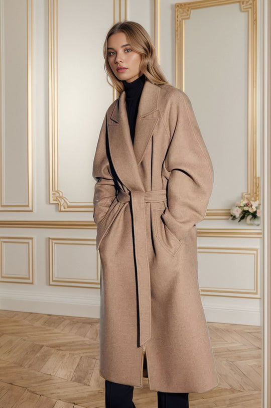 Damen stilvoller mantel mit breitem Kragen und Taillengürtel EB
