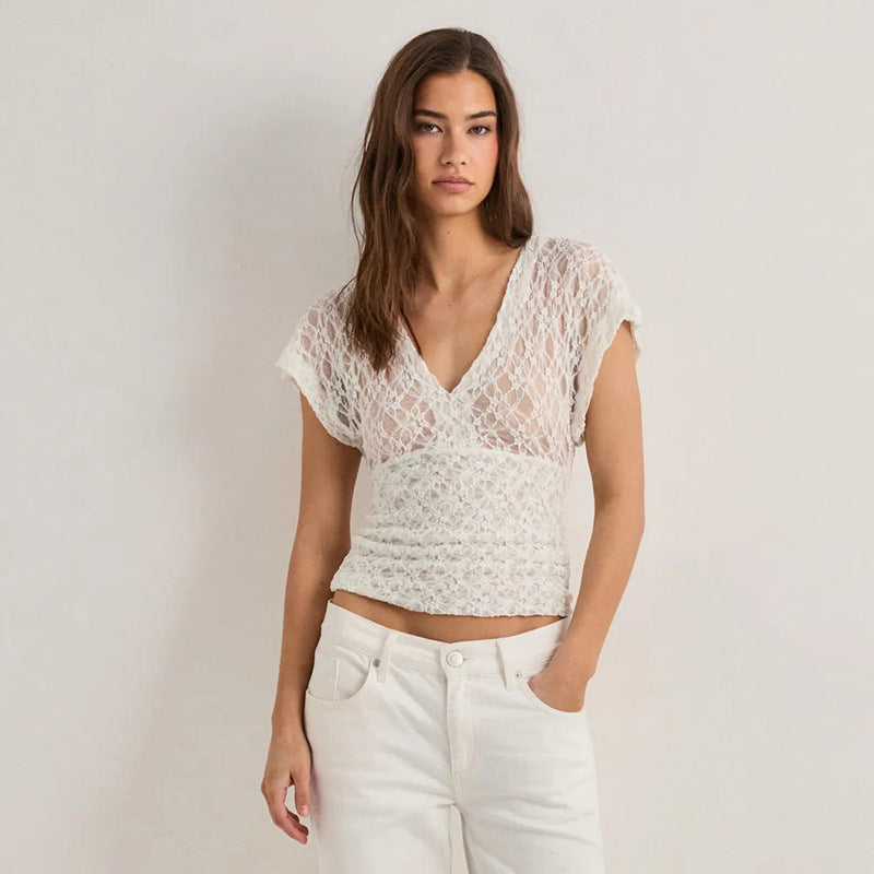 Damen Elegantes Spitzenoberteil mit V-Ausschnitt und weitem Schnitt EB