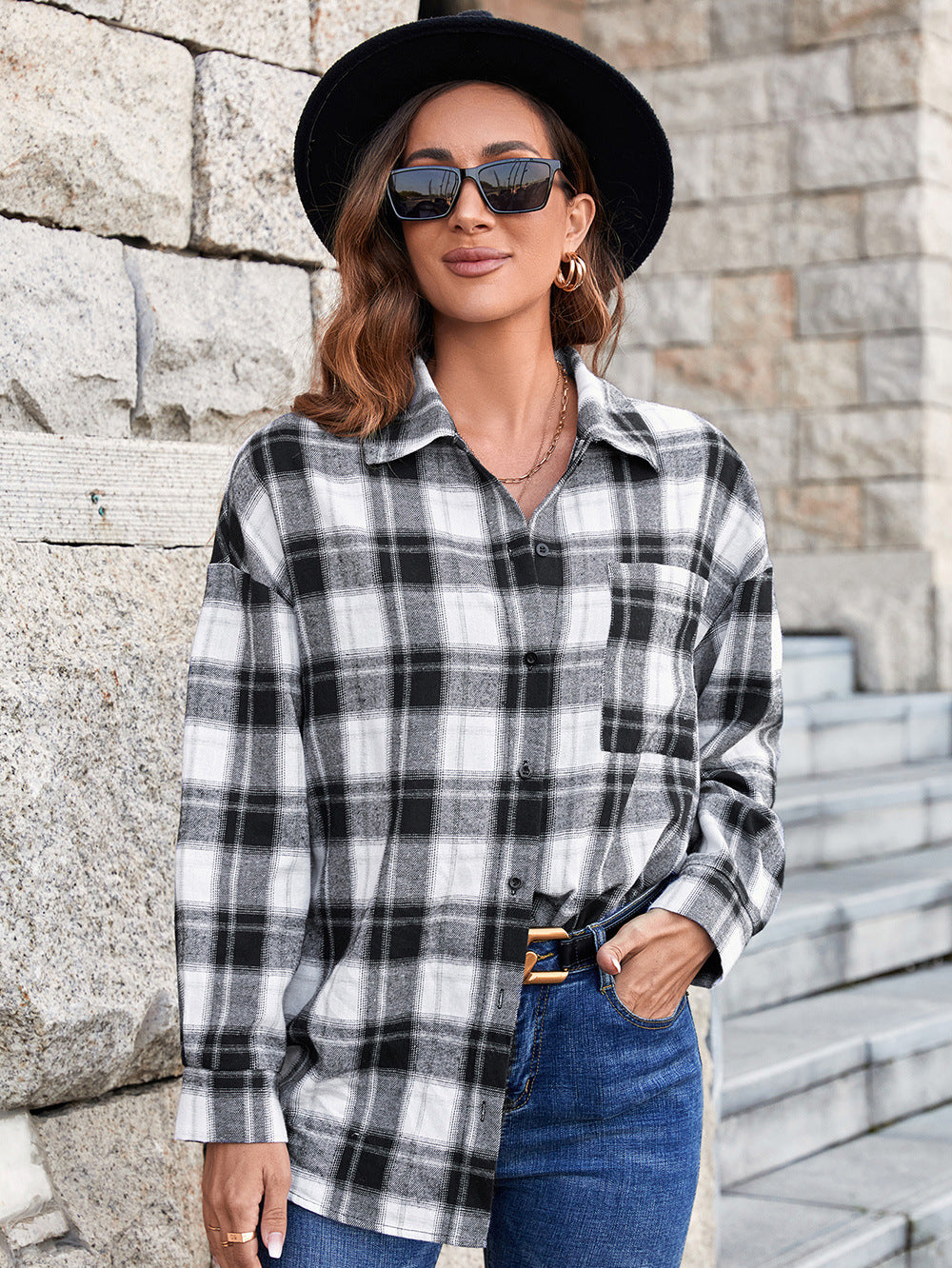Damen Oversized Karobluse mit modernen Details EB