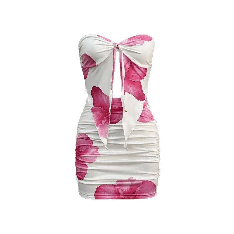Damen romantisches Strandkleid mit Raffung und floralem Design EB