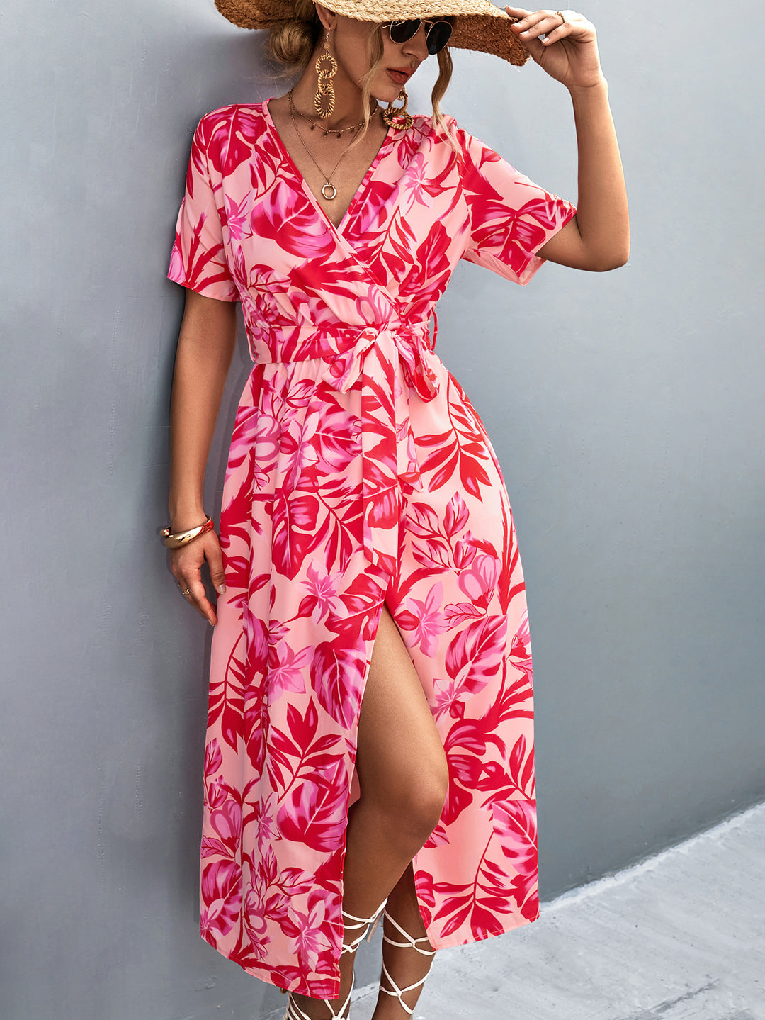 Damen Wickelmaxikleid mit floralem Muster und eleganter Schärpe EB