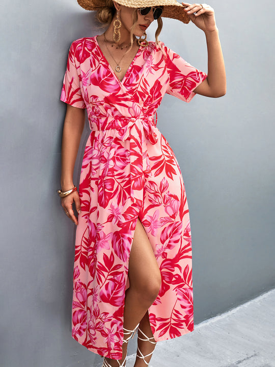 Damen Wickelmaxikleid mit floralem Muster und eleganter Schärpe EB