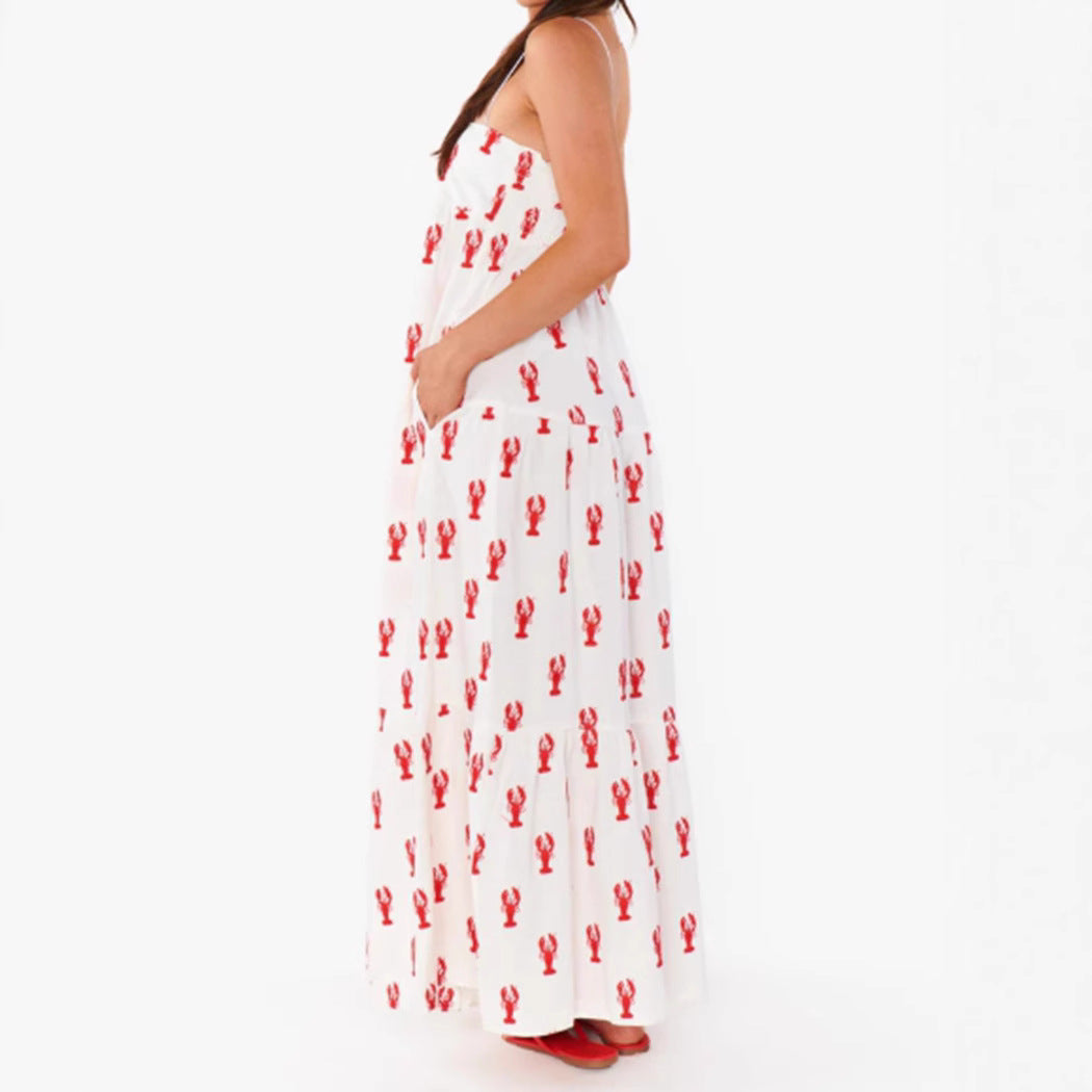 Damen nan trägerloses Stufenmaxikleid mit Bandeau-Oberteil lockerer A-Linie und maritimem Hummer-Print EB