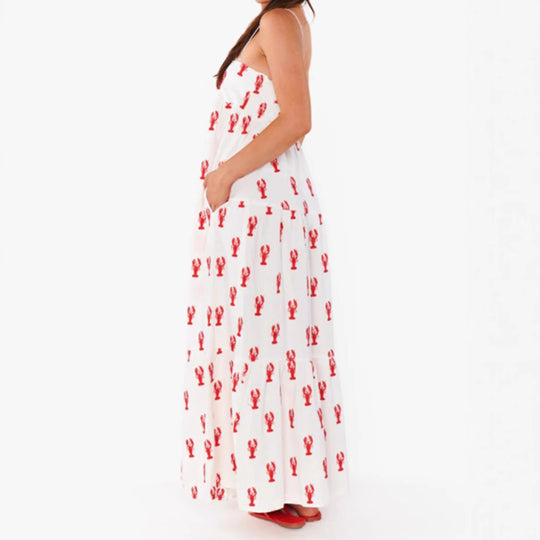 Damen nan trägerloses Stufenmaxikleid mit Bandeau-Oberteil lockerer A-Linie und maritimem Hummer-Print EB