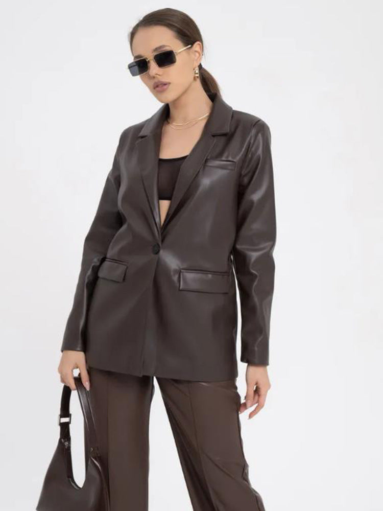 Damen minimalistische und elegante Kunstleder Blazer EB