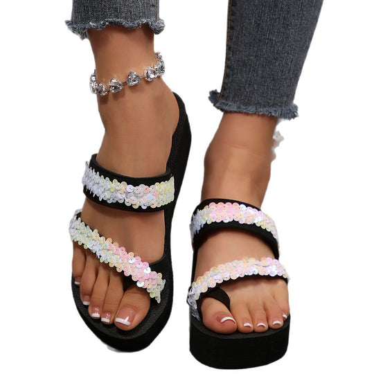 Damen Plateausandalen mit glitzernden Pailletten EB