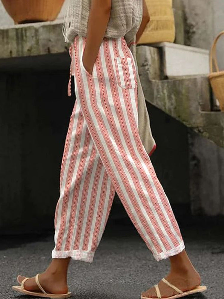 Damen Weite Leinenhose mit handgewebtem Muster EB