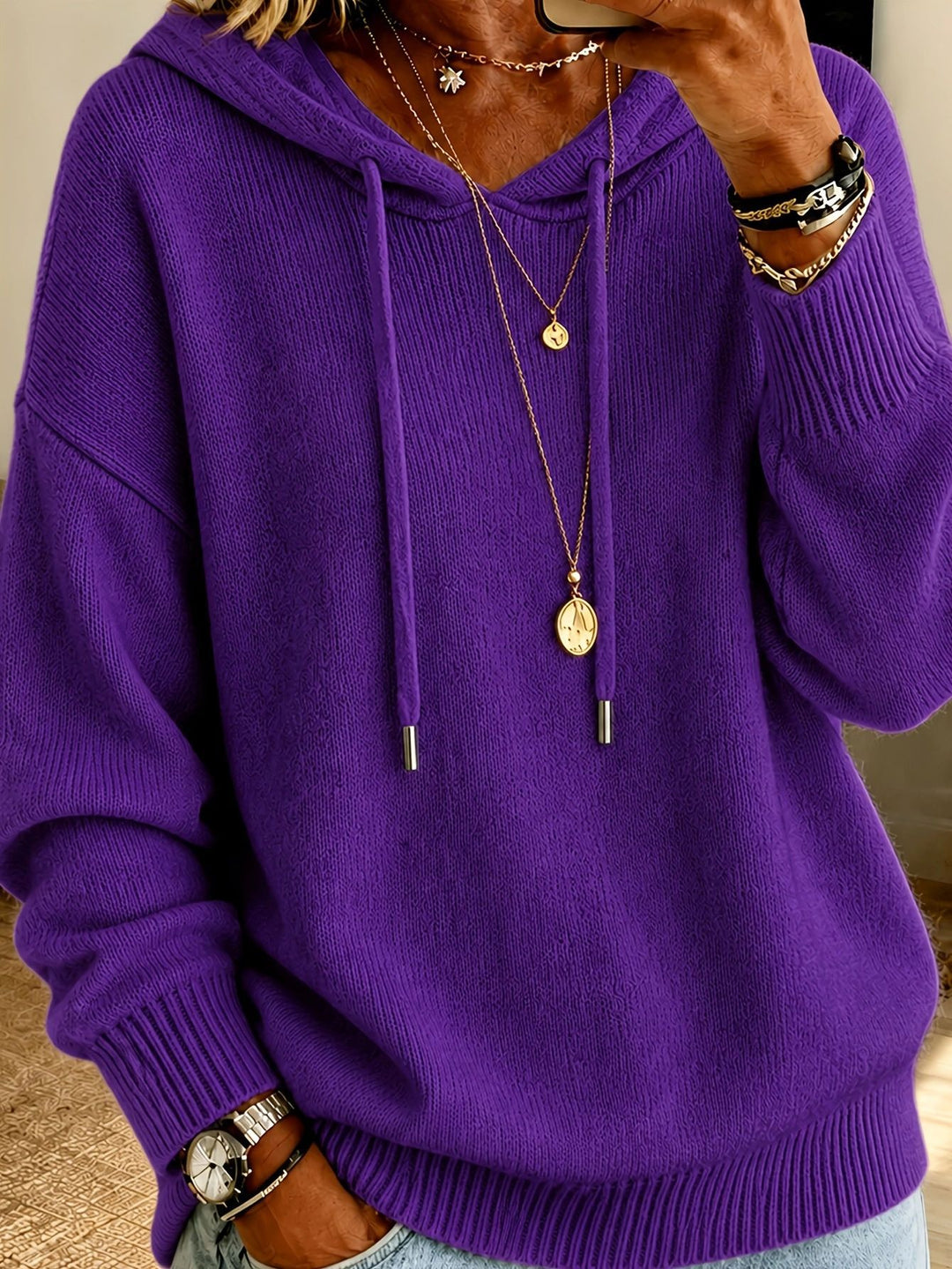 Damen Oversize Kapuzenpullover aus feinem Strick mit Kordelzug und gerippten Bündchen EB