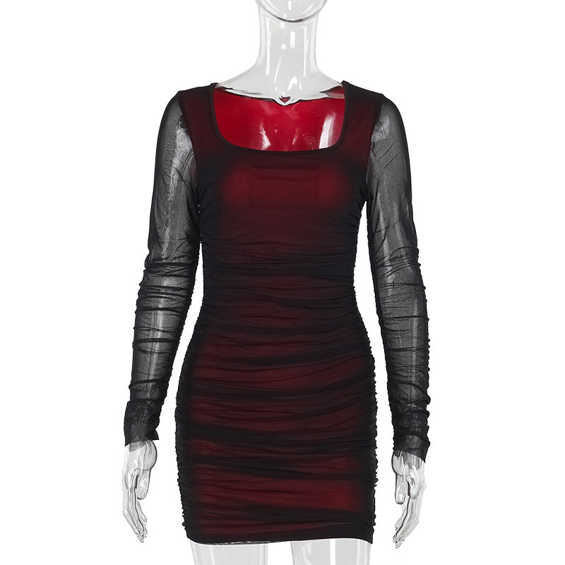 Damen figurbetontes Minikleid mit transparenten langärmeligen Einsätzen und Rüschendetails EB