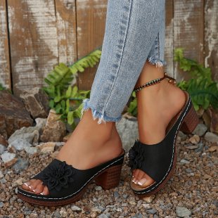 Damen Offene Komfort-Pantoletten mit floralen Dekorelementen EB