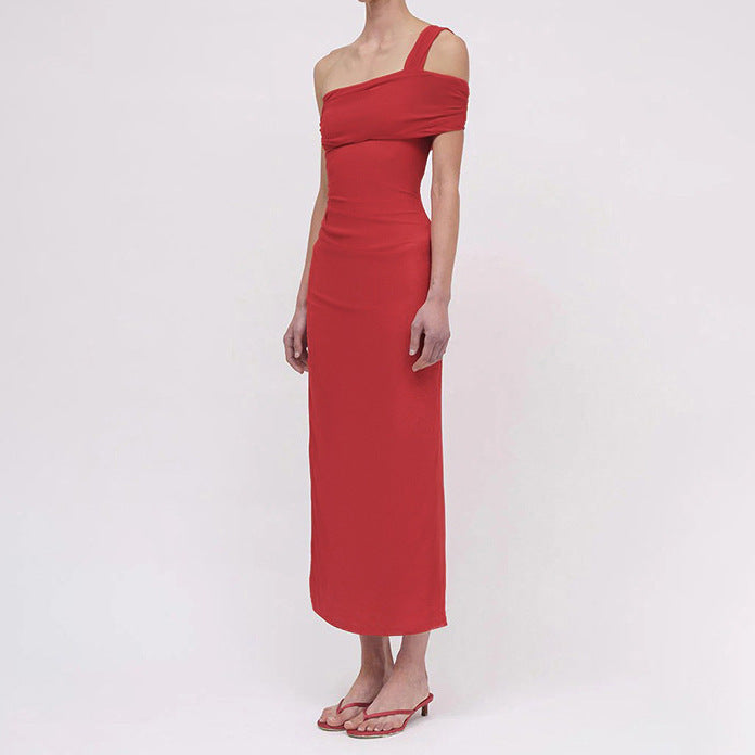 Damen Elegantes Maxi-Kleid mit asymmetrischem Ausschnitt und figurformendem Drapierungsdesign EB
