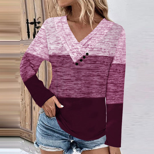 Damen Gerippter V-Ausschnitt Pullover mit Farbverlauf, Zierknöpfen und legerer Passform EB