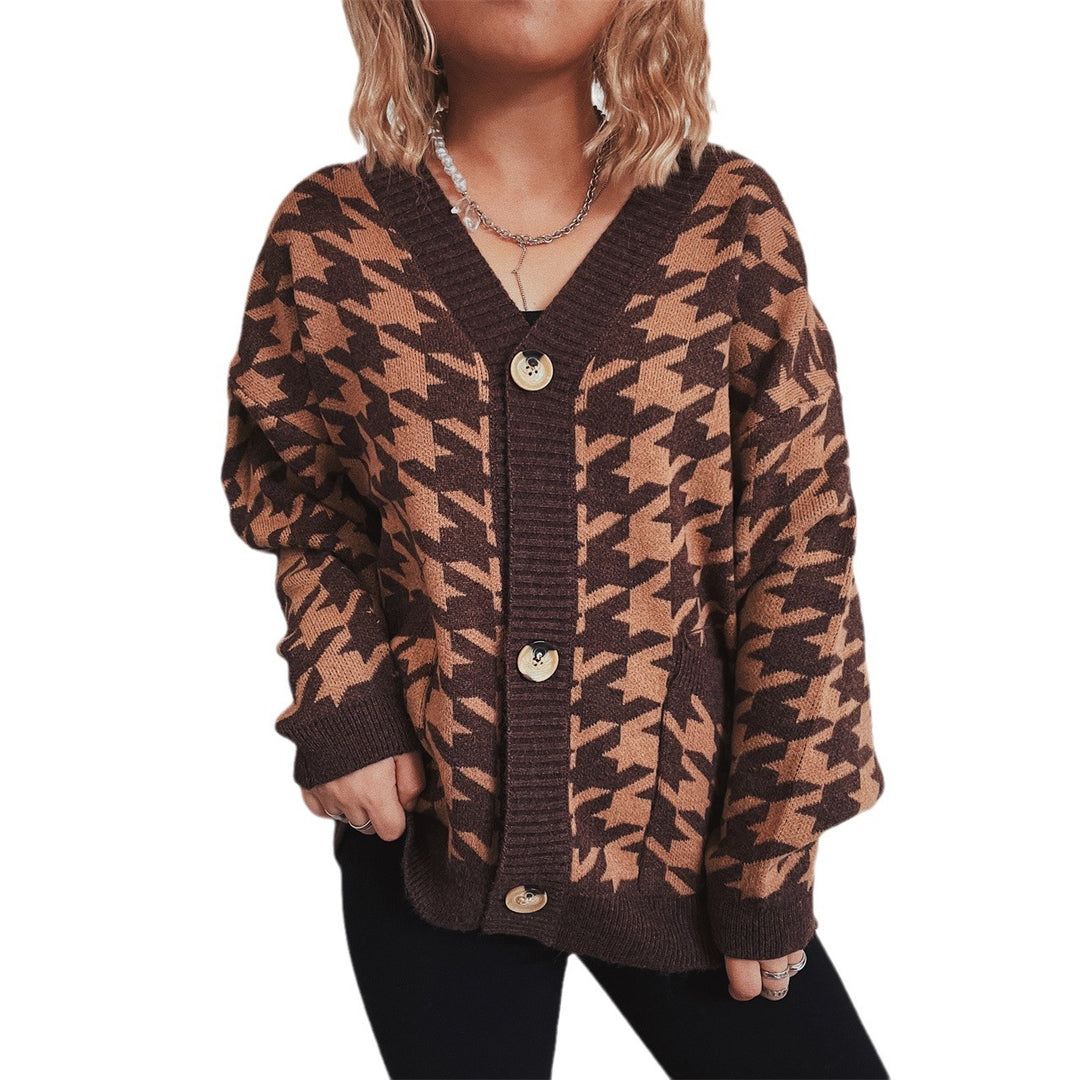 Damen gemütlicher Strickcardigan mit modernen Hahnentrittmuster und Knopfdetails EB