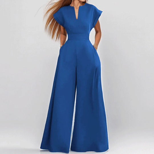 Damen Eleganter Jumpsuit mit Weitem Bein und Schalkragen EB